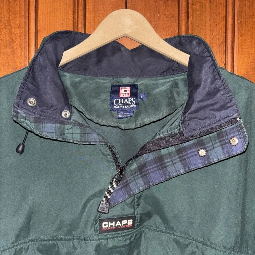 VTG Chaps Ralph Lauren Windbreaker Men Large Green Tartan Hooded Pullover Vented